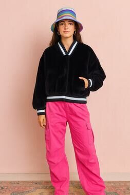 House Of Fluff Classic Teddy Bomber Black White Fuzzy Jacket Small Medium